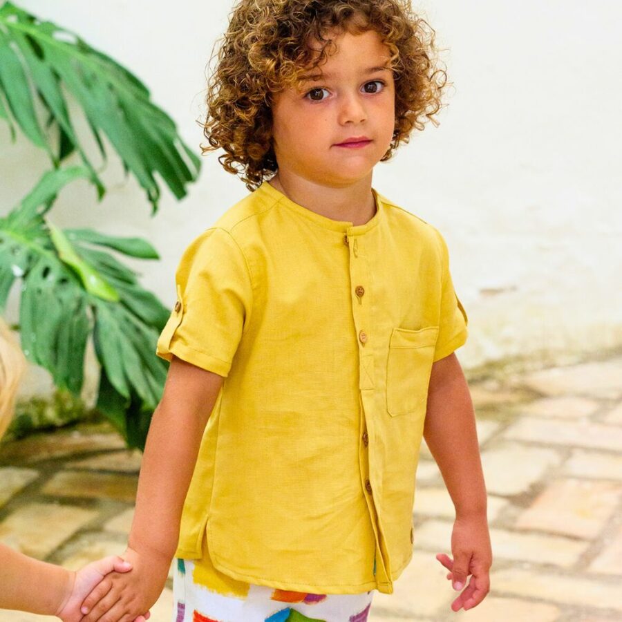 Blusa lino manga corta niño mostaza 01-54063M José Varón
